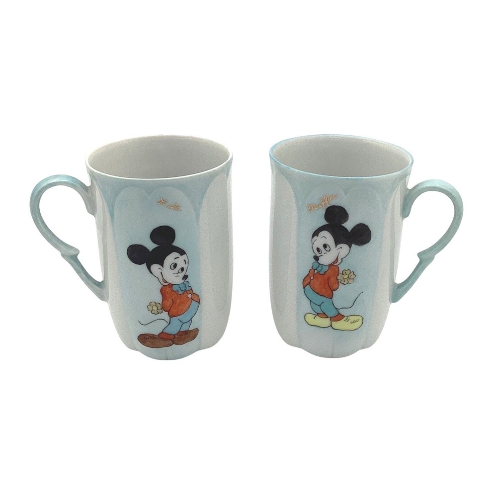 Vintage 1979  Hand Painted Mickey Mouse Ceramic Mug Set Light Blue Pastel Disney